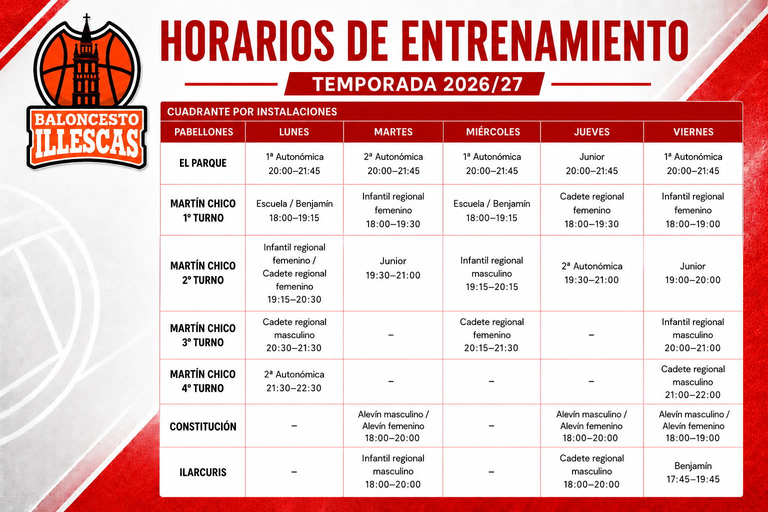 HORARIOS TEMPORADA 2026/27